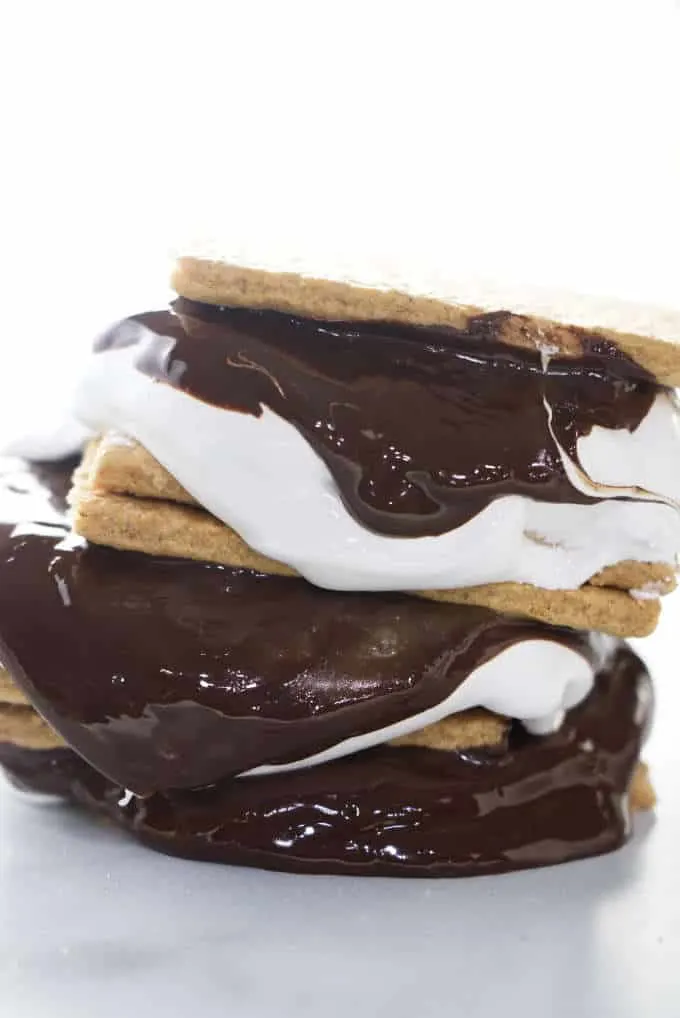 A stack of s'mores made with homemade marshmallow fluff.