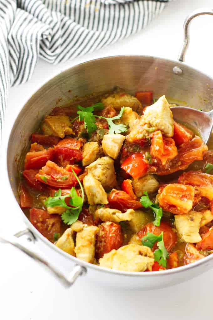 A serving dish with chicken Karahi.