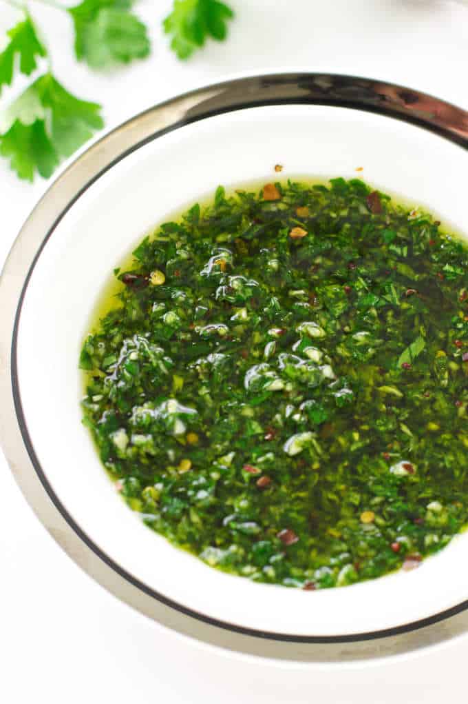 Dish of chimichurri sauce