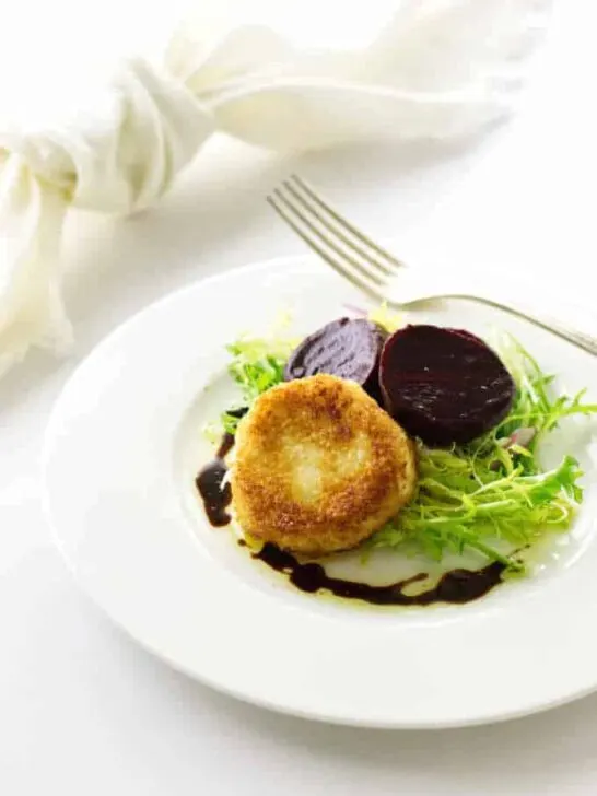 serving of Fried Goat Cheese Discs and Roasted Beet Salad