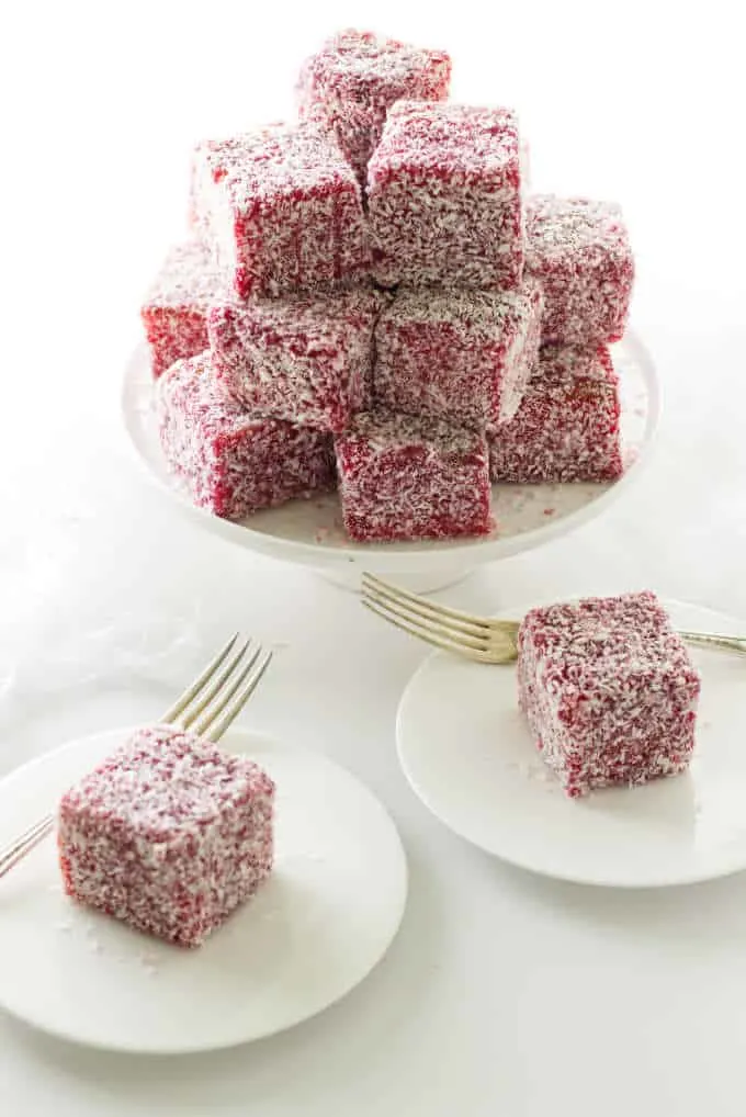 A stack of lamingtons and two servings
