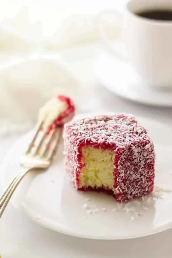 lamington on a plate, fork with a bite