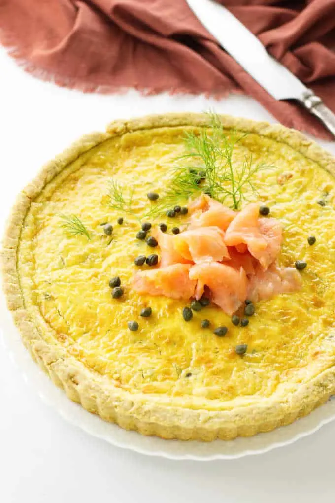 Baked Smoked Salmon Quiche, towel and knife in background