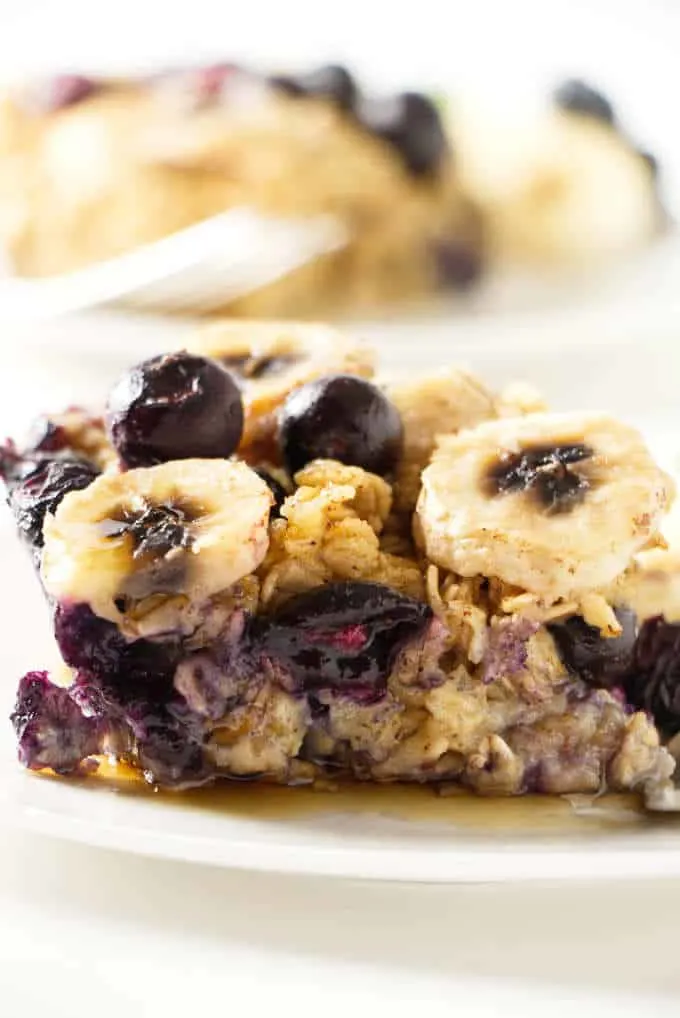 Close up of a slice of baked oatmeal.