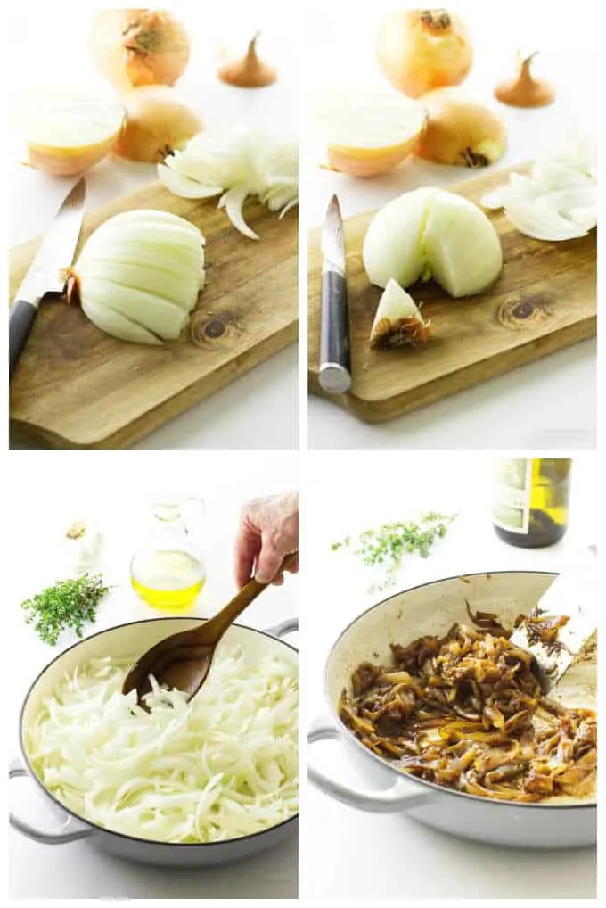 Collage of 4 photos showing how to make caramelized onions.