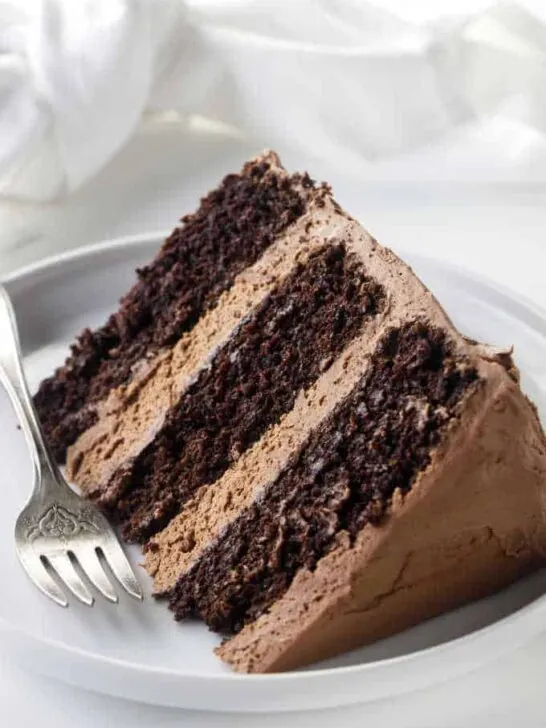 A slice of chocolate cake with chocolate buttercream frosting.