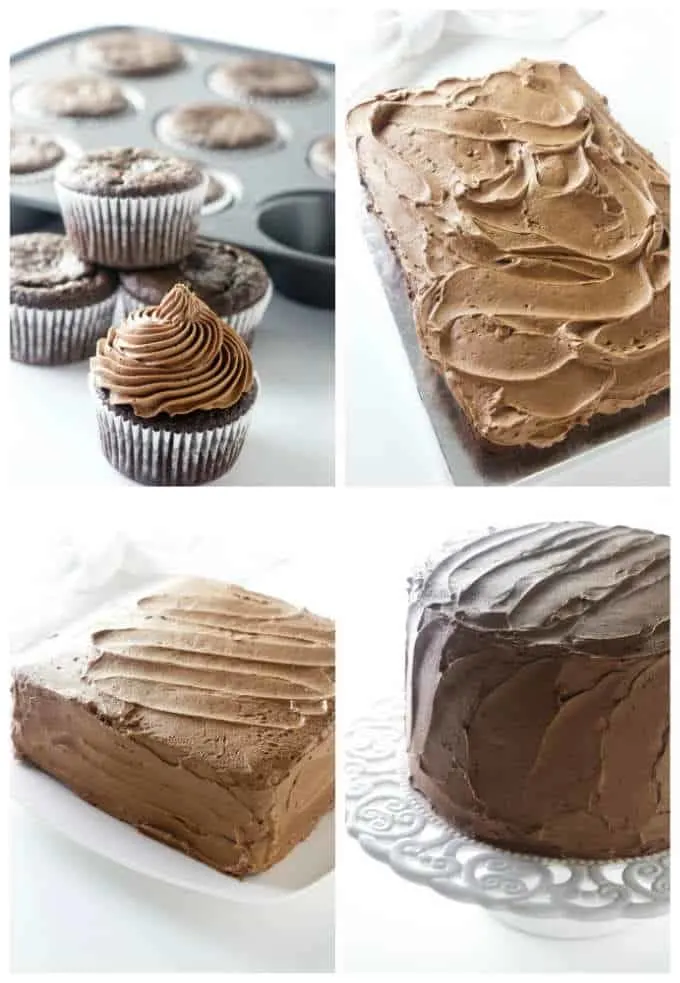 A collage of 4 photos showing some of the different sizes and shapes that this chocolate cake can be baked in. 