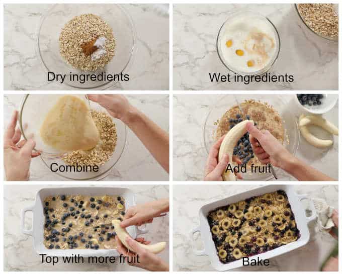 collage of process photos showing how to make baked oatmeal.