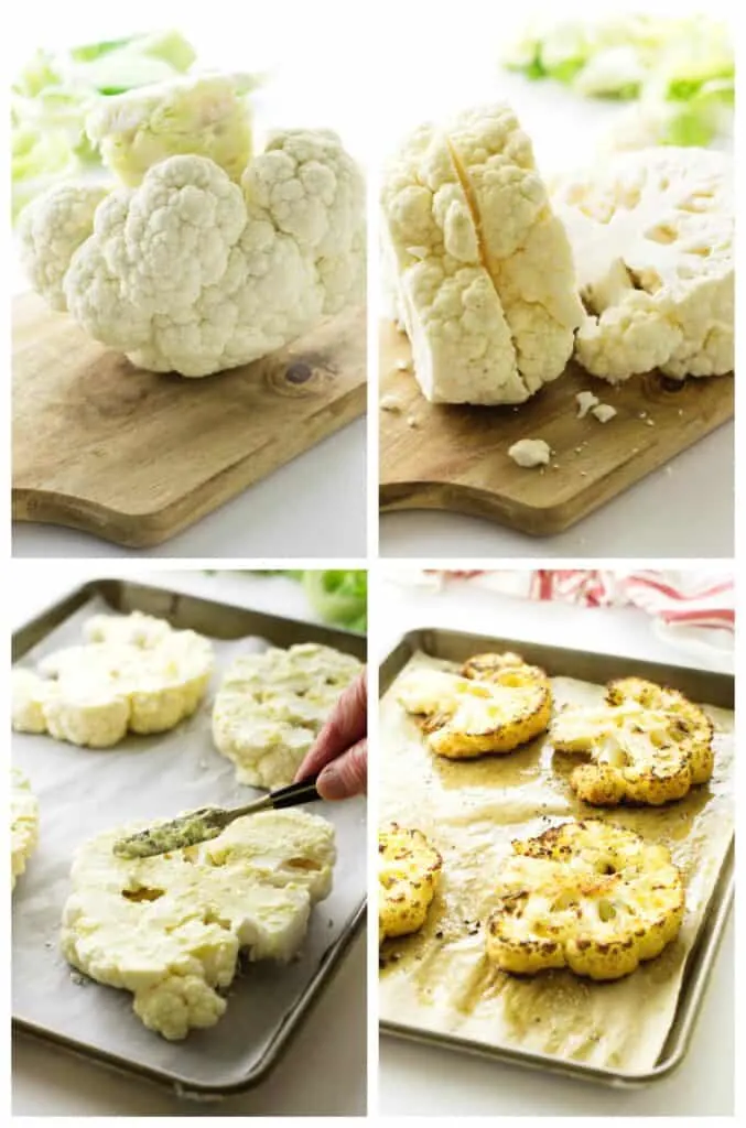 collage of prepping for cauliflower steaks