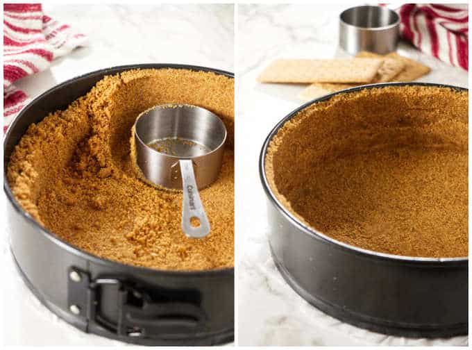 Pressing graham cracker crust into a cheesecake pan.