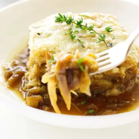 close up view of French onion soup casserole