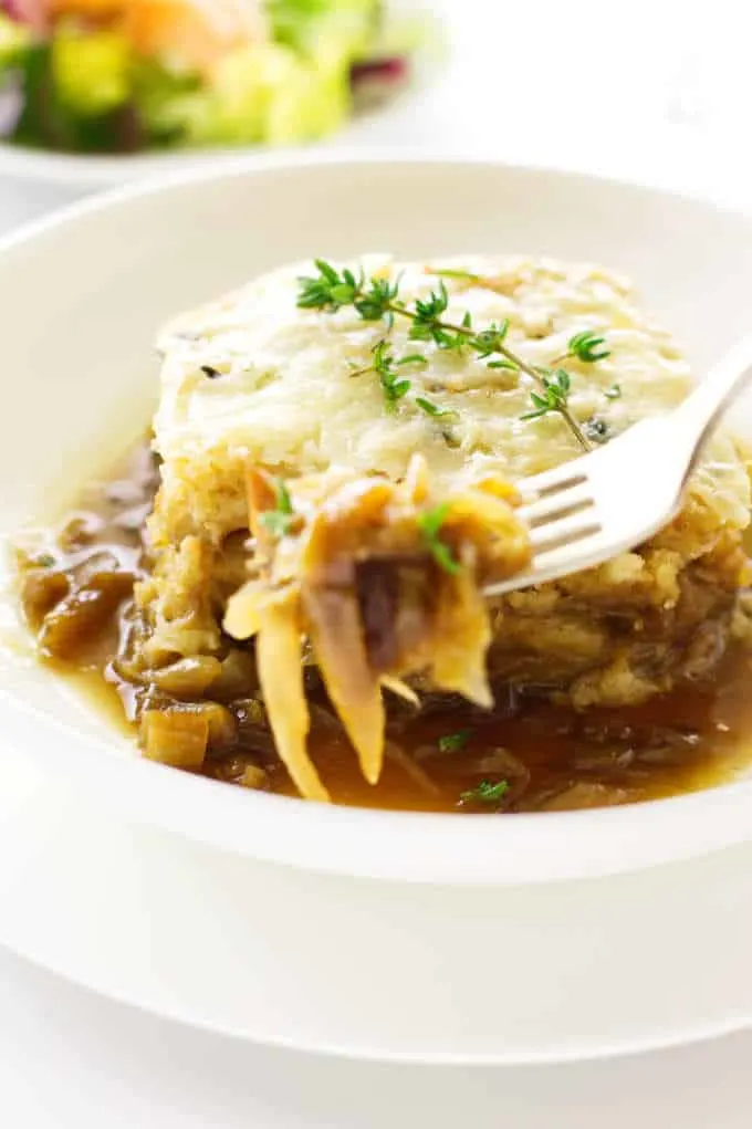 close up view of French onion soup casserole