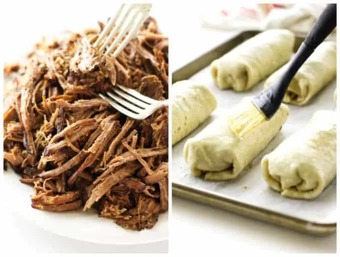 A collage of 2 photos showing steps for making shredded beef chimichangas.