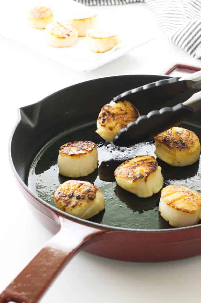 Searing scallops in a saute pan.