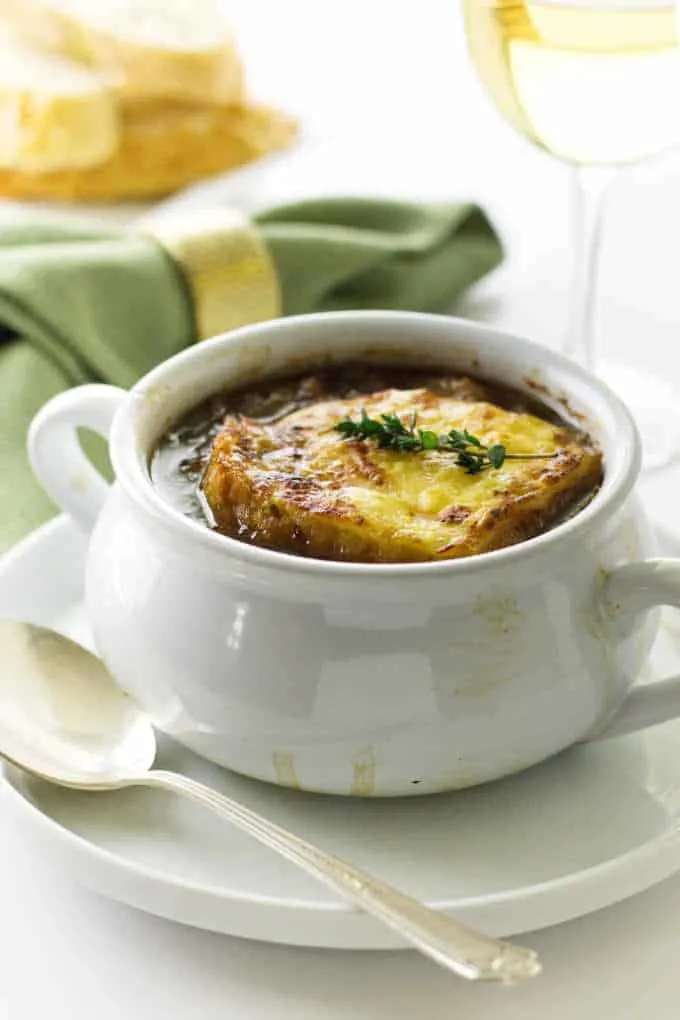 Bowl of soup with napkin in background