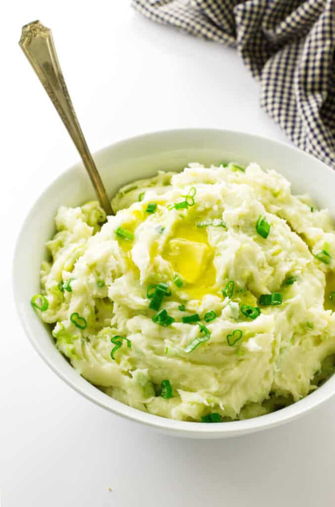 overhead view of a bowl of buttery colcannon