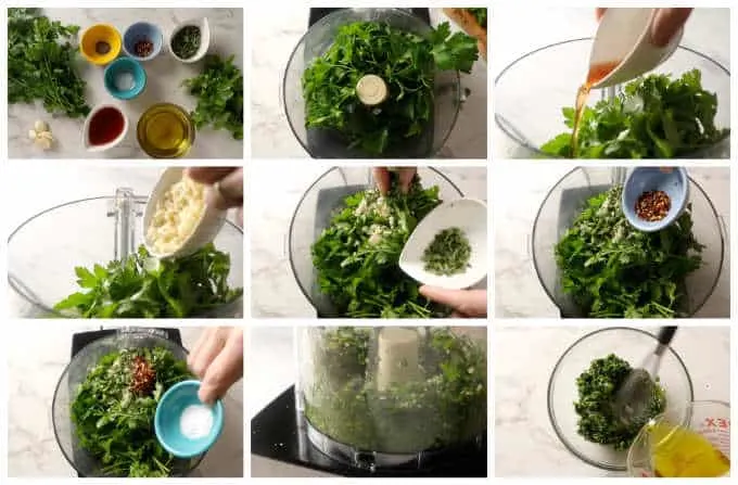 Collage of 9 photos showing how to make chimichurri sauce.
