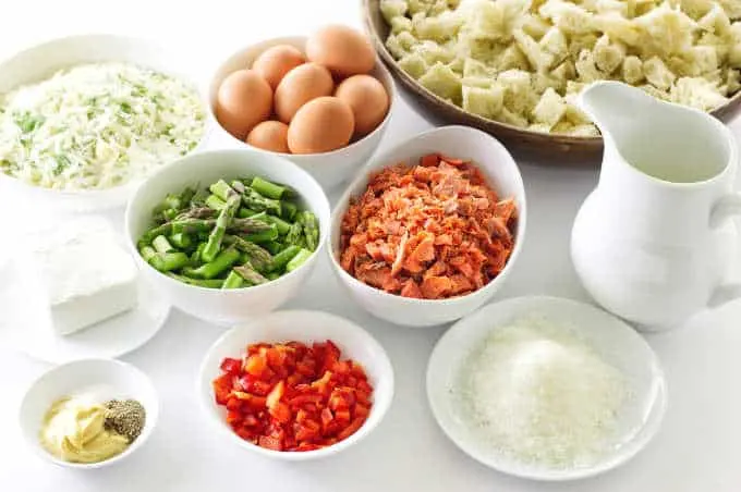Ingredients needed for salmon asparagus strata