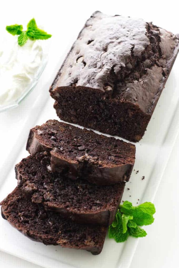 Overhead view of mint chocolate loaf cake