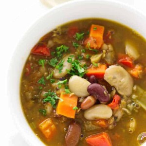 Overhead view of a serving bowl of 15 bean soup