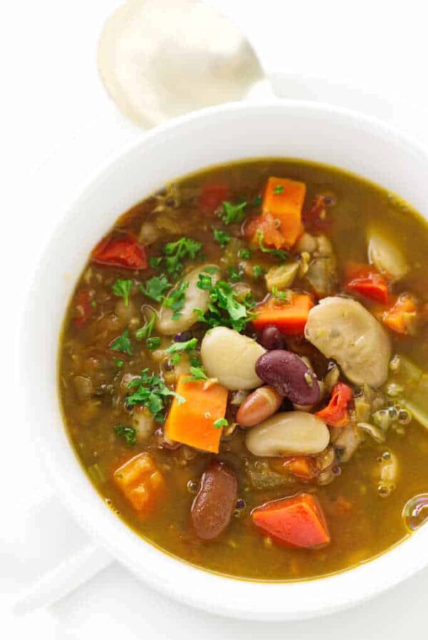 Overhead view of a serving bowl of 15 bean soup