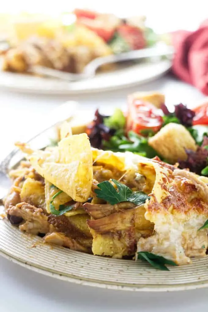 Close up photo of chicken tortilla chip casserole.