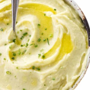 Overhead photo of a bowl of buttermilk ranch mashed potatoes.