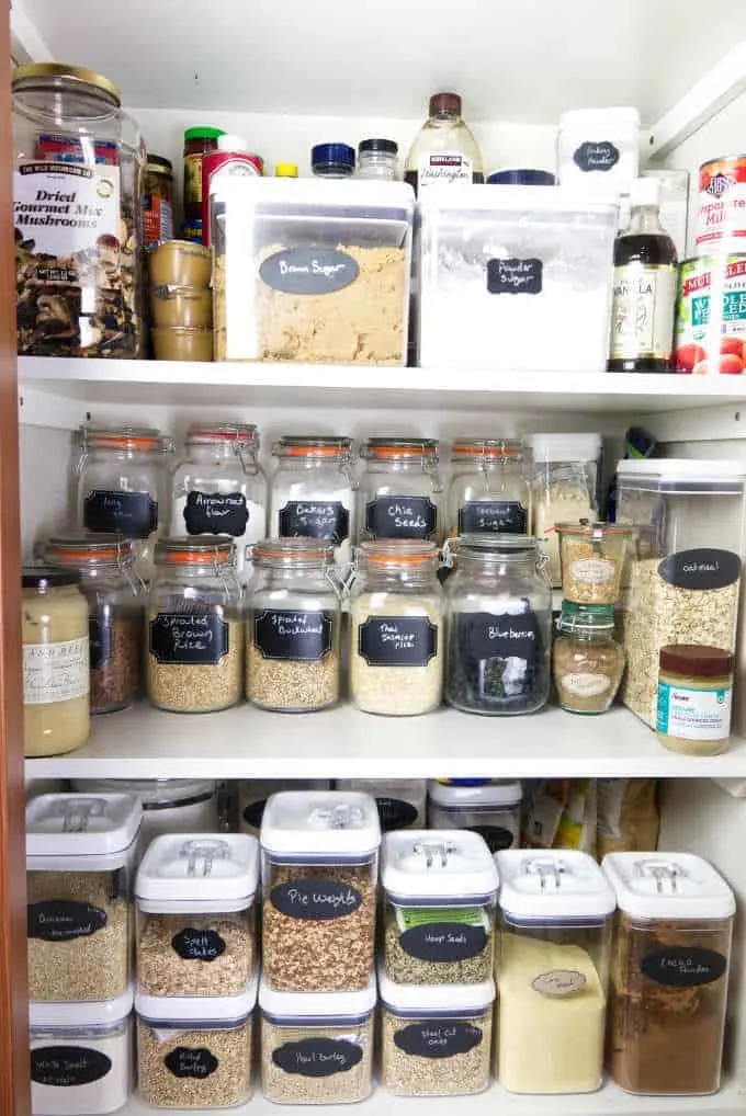 Pantry shelves stocked with shelf stable food.