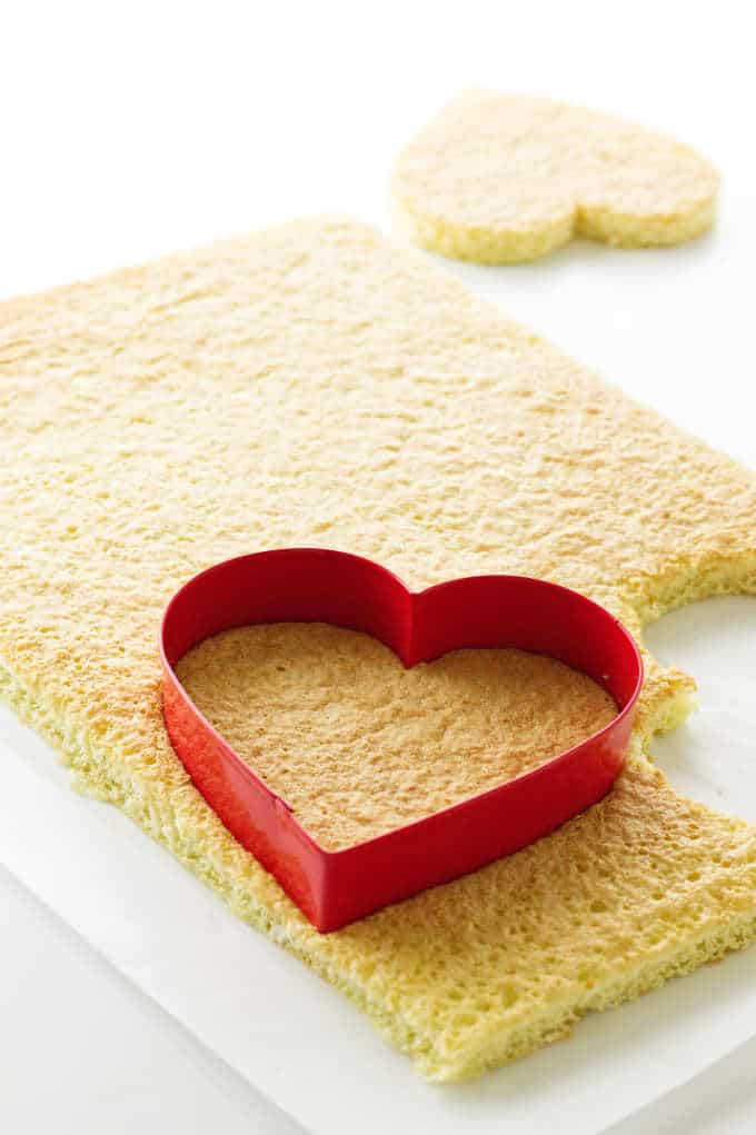 Heart shapes cut from sponge cake