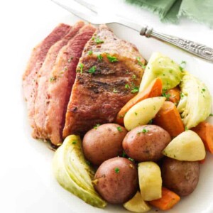 Platter of corned beef, cabbage and vegetables