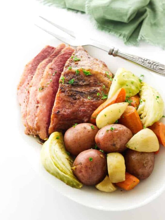 Platter of corned beef, cabbage and vegetables