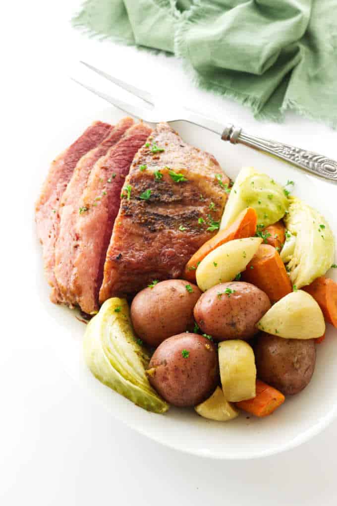 Platter of corned beef, cabbage and vegetables