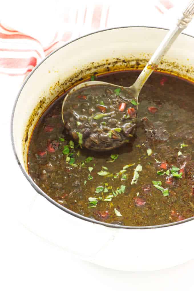 Pot of black bean soup with a ladle of soup