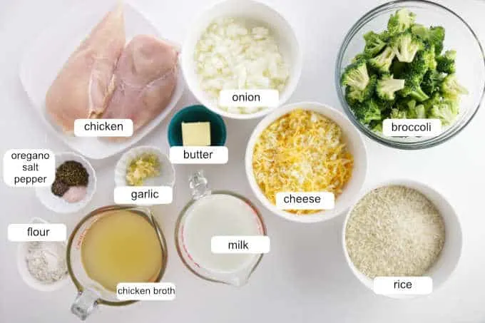 ingredients for chicken broccoli and rice casserole.