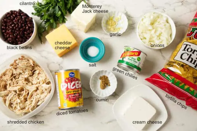 Ingredients needed for chicken tortilla chip casserole.