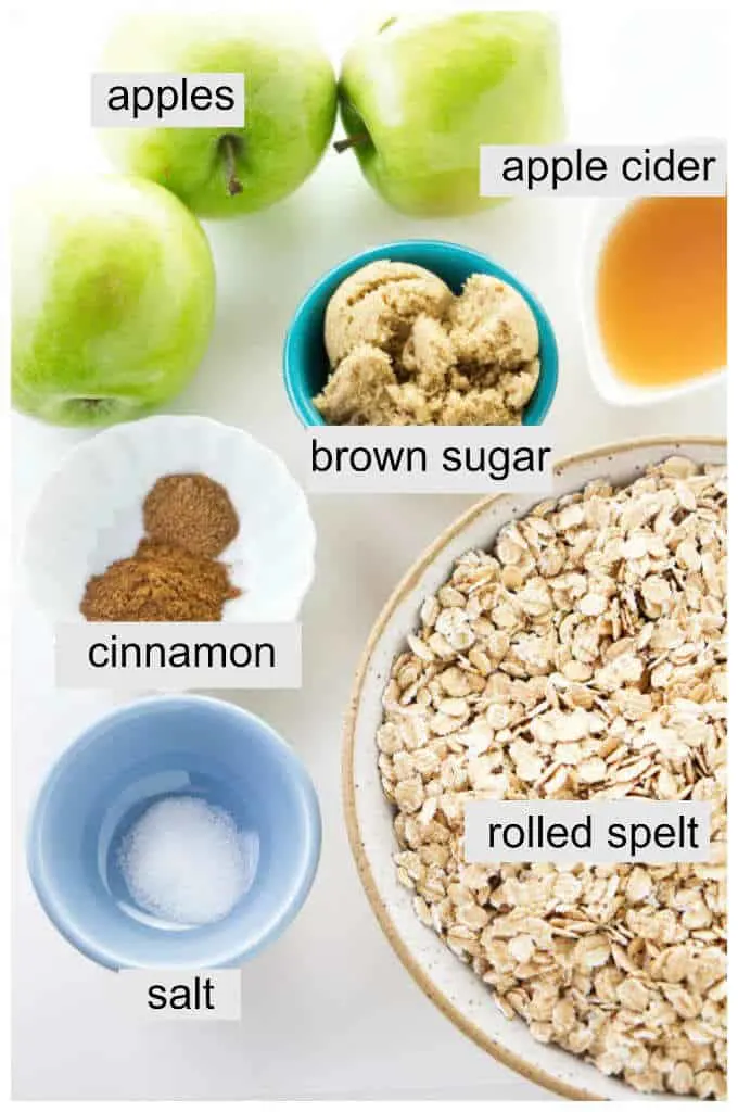 ingredients used for rolled spelt cereal with cinnamon apples. 