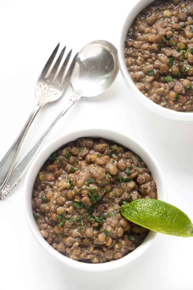 Two bowls of lentils made in the Instant Pot.