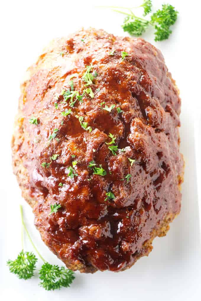 An overhead photo of instant pot meatloaf on a serving plate.
