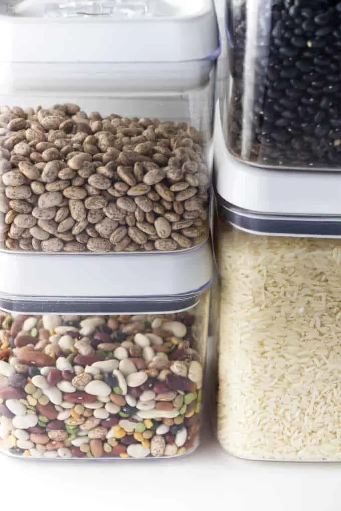 Dried beans and rice in the pantry.