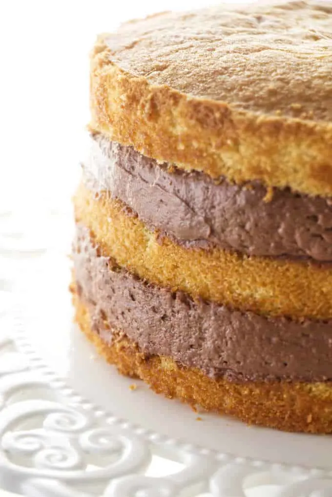 chocolate cake filling between three layers of cake.