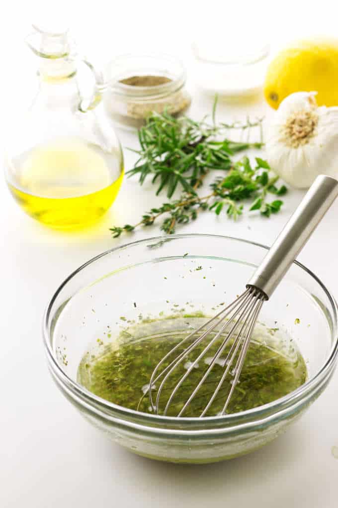 Ingredients and dish of marinade, whisk in dish