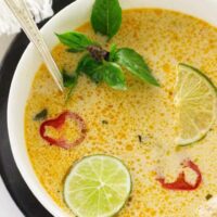 overhead view of Thai coconut chicken soup