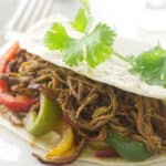 Tri-Tip Fajita and fork on a plate with cilantro sprig beer and condiments in background