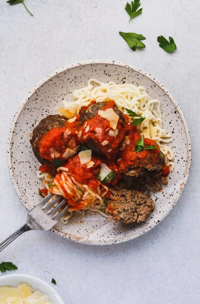 keto Italian meatballs and spaghetti sauce with low-carb noodles