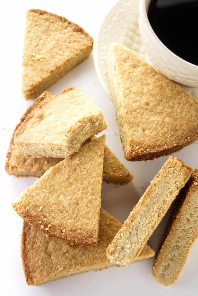 Slices of oatmeal shortbread and a cup of coffee.
