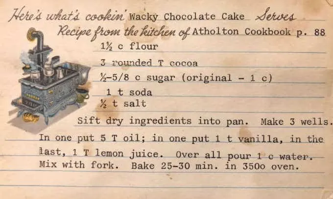 Photo of the original recipe for wacky chocolate cake from the Atholton church cookbook.