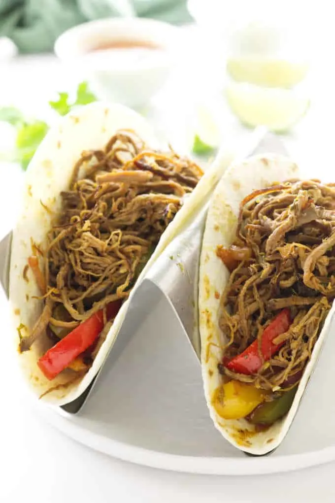 two beef fajitas in stand-up rack