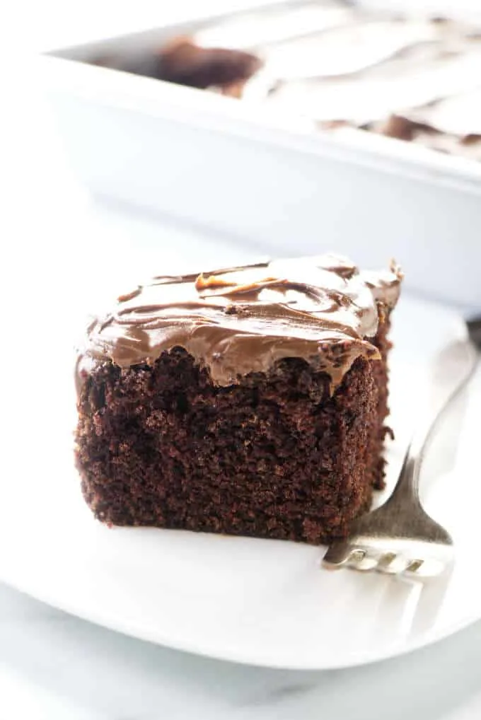 A slice of wacky chocolate cake on a plate and a pan of chocolate cake in the background.