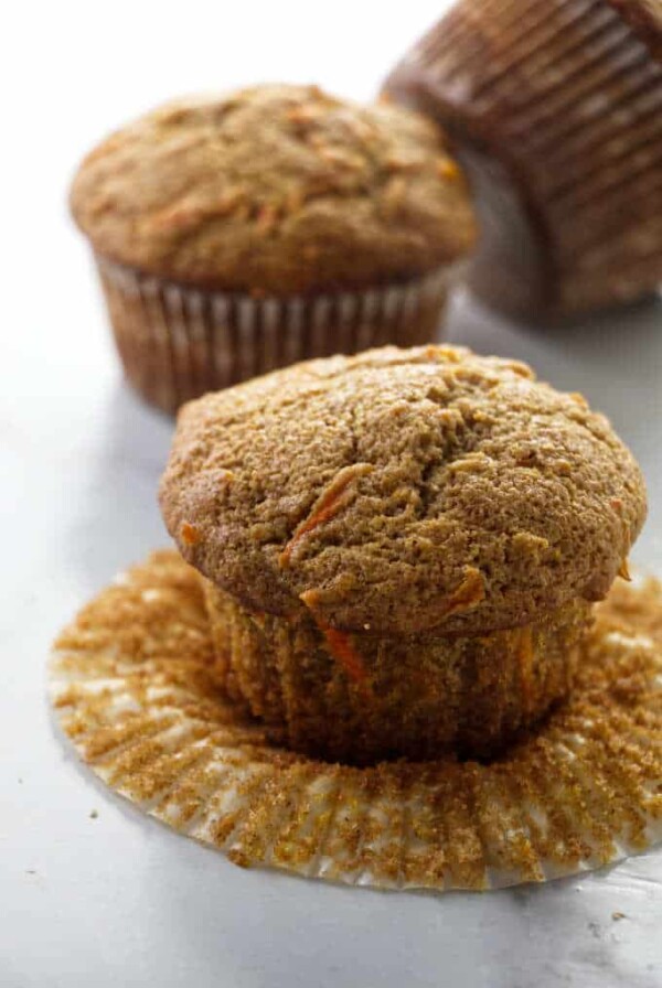 Three carrot spelt muffins.