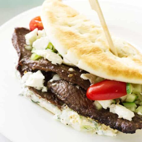 Close up view of Greek lamb pita on a plate